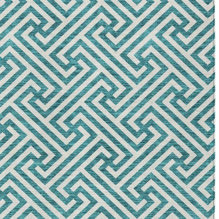 5' X 8' Teal Blue And Ivory Geometric Washable Indoor Outdoor Area Rug