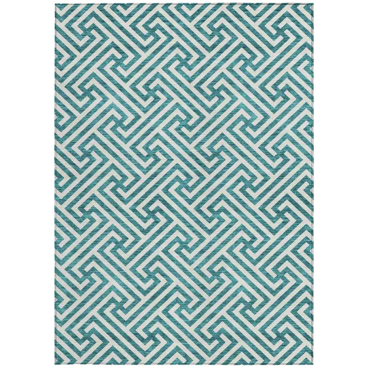 8' X 10' Teal Blue And Ivory Geometric Washable Indoor Outdoor Area Rug