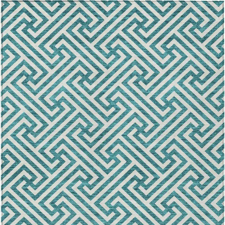 8' X 10' Teal Blue And Ivory Geometric Washable Indoor Outdoor Area Rug