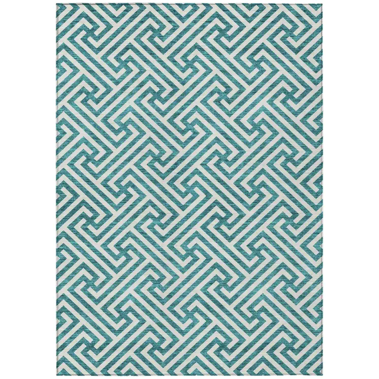 10' X 14' Teal Blue And Ivory Geometric Washable Indoor Outdoor Area Rug