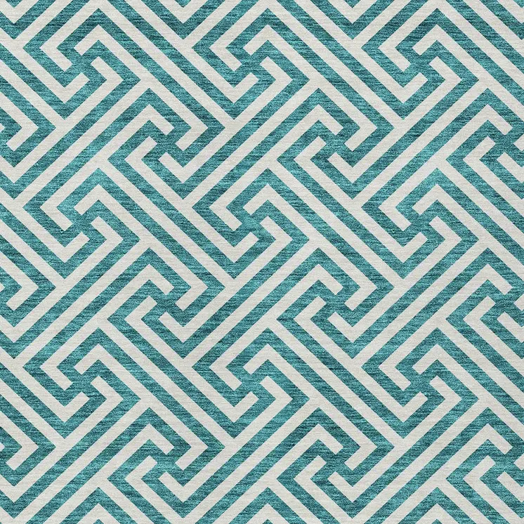 10' X 14' Teal Blue And Ivory Geometric Washable Indoor Outdoor Area Rug