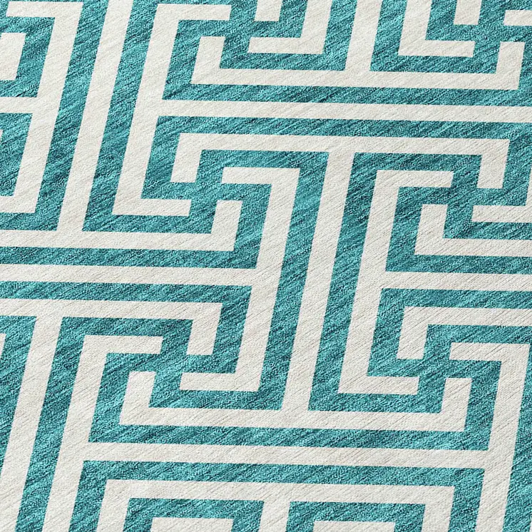10' X 14' Teal Blue And Ivory Geometric Washable Indoor Outdoor Area Rug
