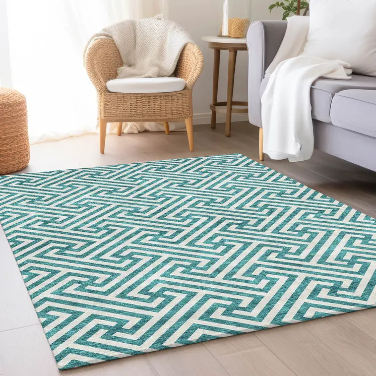 10' X 14' Teal Blue And Ivory Geometric Washable Indoor Outdoor Area Rug