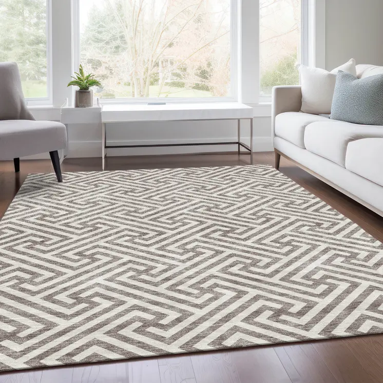 3' X 5' Taupe And Ivory Geometric Washable Indoor Outdoor Area Rug