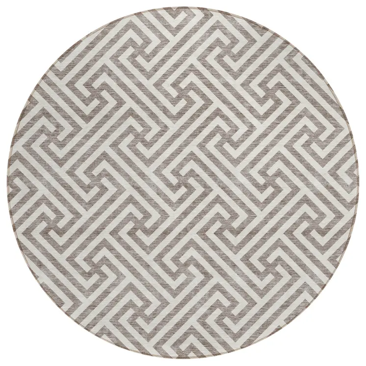 8' Taupe And Ivory Round Geometric Washable Indoor Outdoor Area Rug