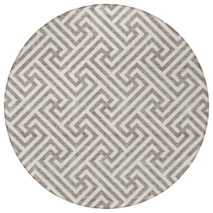 8' Taupe And Ivory Round Geometric Washable Indoor Outdoor Area Rug