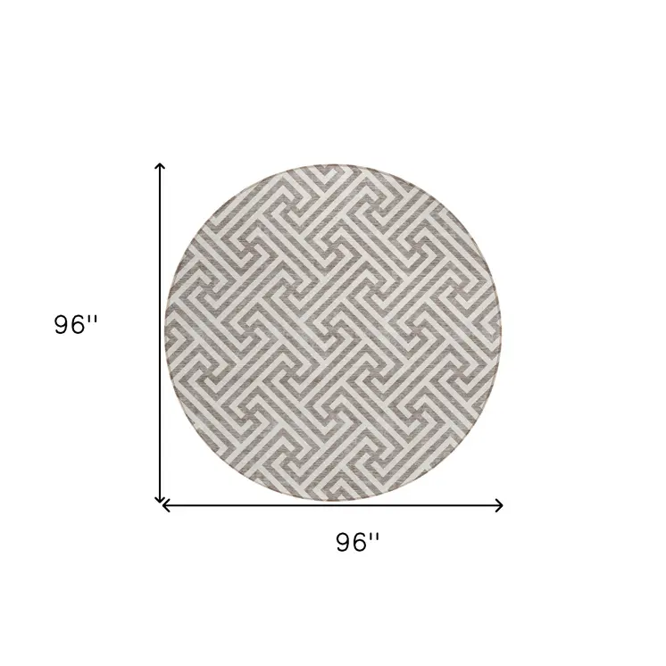 8' Taupe And Ivory Round Geometric Washable Indoor Outdoor Area Rug