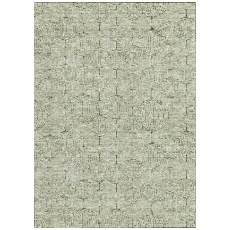 5' X 8' Artichoke Green And Ivory Geometric Washable Indoor Outdoor Area Rug