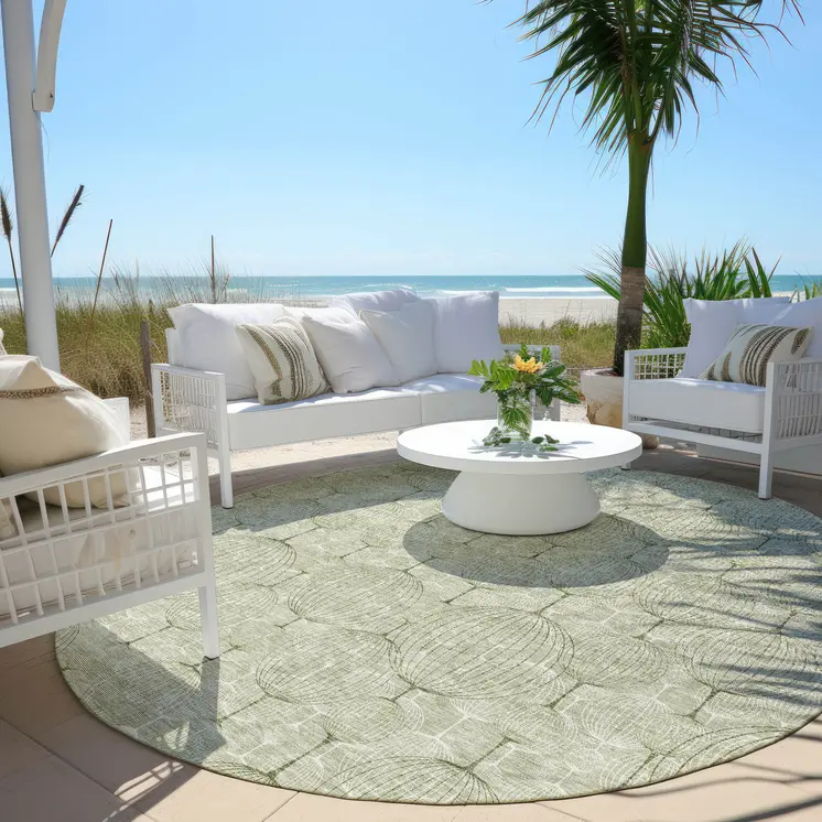 8' Artichoke Green And Ivory Round Geometric Washable Indoor Outdoor Area Rug