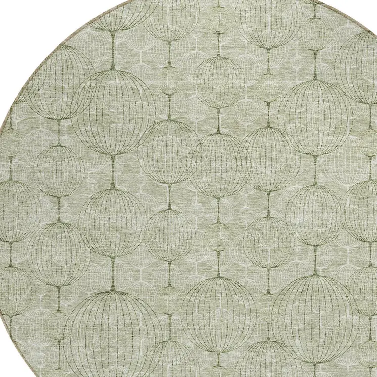 8' Artichoke Green And Ivory Round Geometric Washable Indoor Outdoor Area Rug