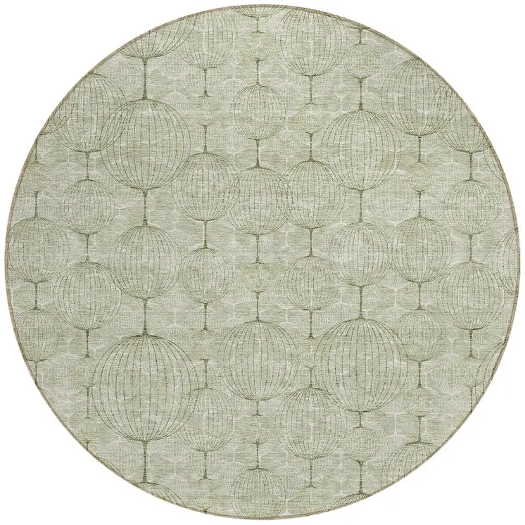 8' Artichoke Green And Ivory Round Geometric Washable Indoor Outdoor Area Rug