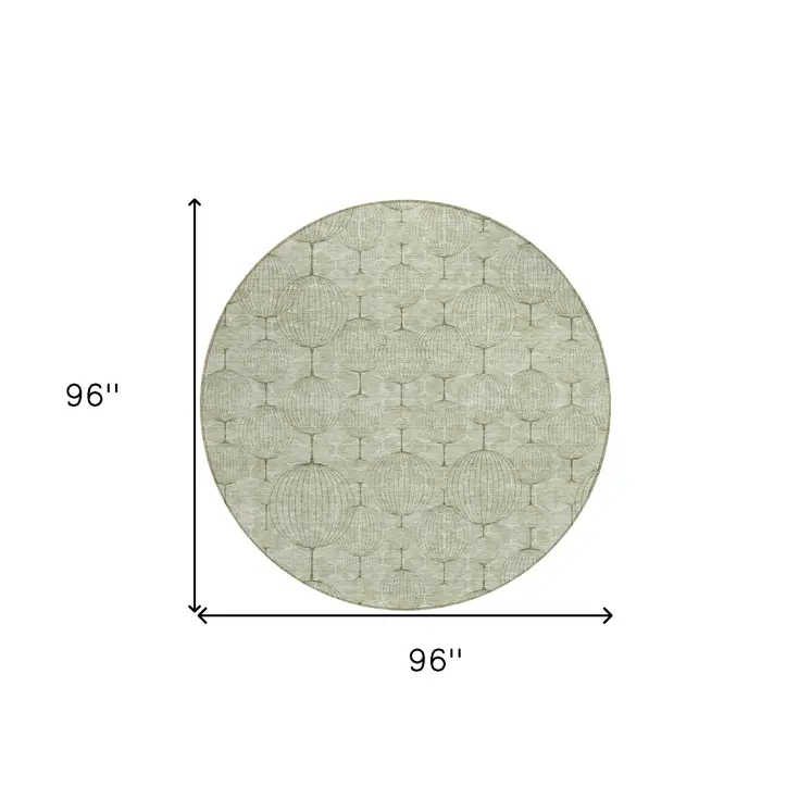 8' Artichoke Green And Ivory Round Geometric Washable Indoor Outdoor Area Rug