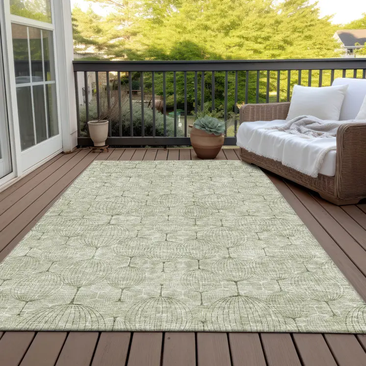 8' X 10' Artichoke Green And Ivory Geometric Washable Indoor Outdoor Area Rug