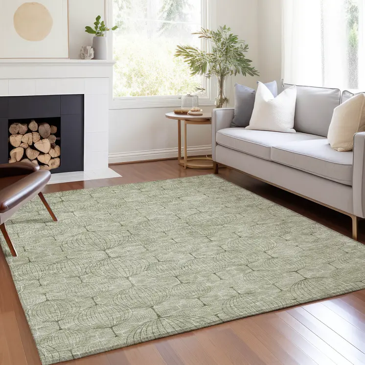 8' X 10' Artichoke Green And Ivory Geometric Washable Indoor Outdoor Area Rug