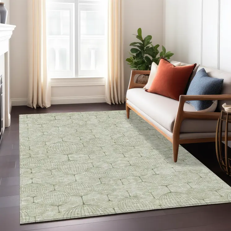 8' X 10' Artichoke Green And Ivory Geometric Washable Indoor Outdoor Area Rug