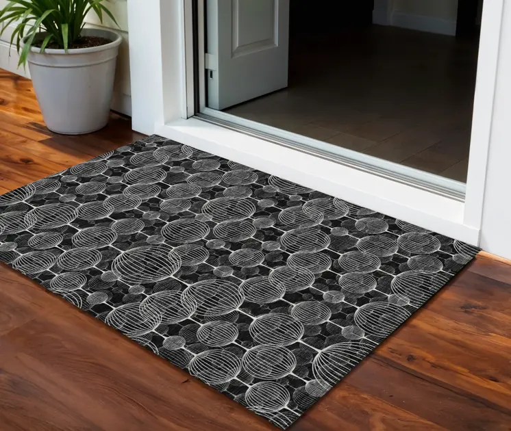 3' X 5' Black Charcoal And Ivory Geometric Washable Indoor Outdoor Area Rug