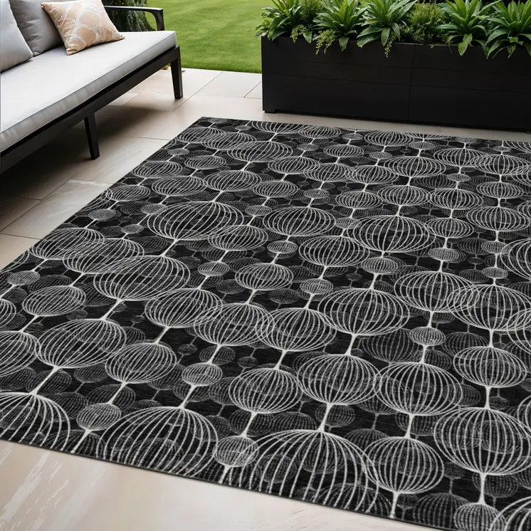 5' X 8' Black Charcoal And Ivory Geometric Washable Indoor Outdoor Area Rug
