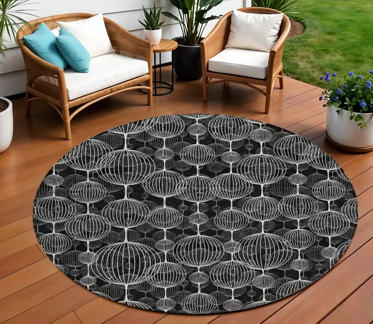 8' Black Charcoal And Ivory Round Geometric Washable Indoor Outdoor Area Rug