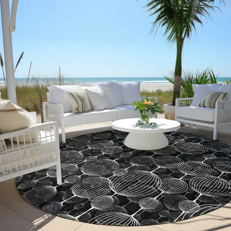 8' Black Charcoal And Ivory Round Geometric Washable Indoor Outdoor Area Rug