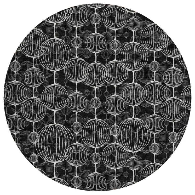 8' Black Charcoal And Ivory Round Geometric Washable Indoor Outdoor Area Rug