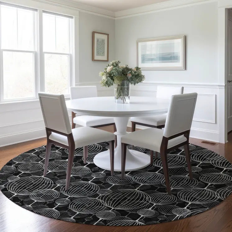8' Black Charcoal And Ivory Round Geometric Washable Indoor Outdoor Area Rug