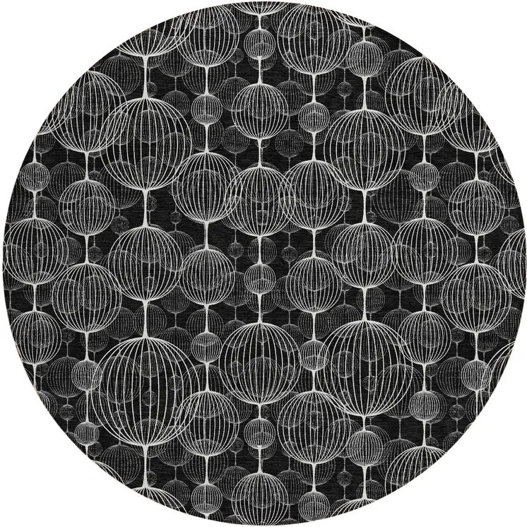 8' Black Charcoal And Ivory Round Geometric Washable Indoor Outdoor Area Rug