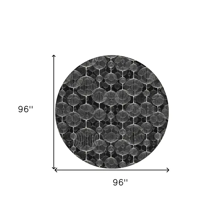 8' Black Charcoal And Ivory Round Geometric Washable Indoor Outdoor Area Rug