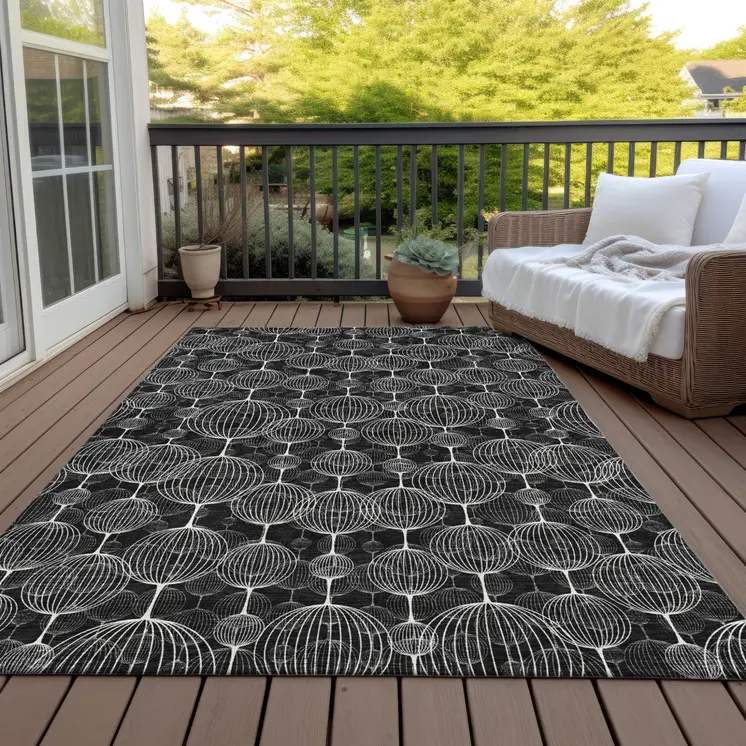 8' X 10' Black Charcoal And Ivory Geometric Washable Indoor Outdoor Area Rug