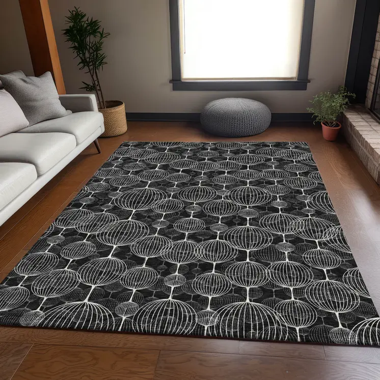8' X 10' Black Charcoal And Ivory Geometric Washable Indoor Outdoor Area Rug