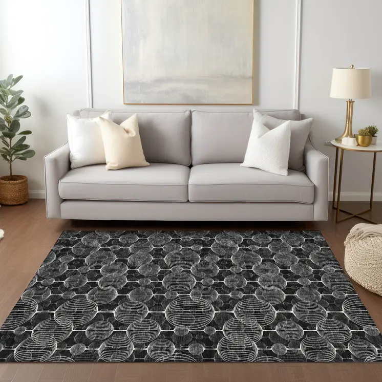 8' X 10' Black Charcoal And Ivory Geometric Washable Indoor Outdoor Area Rug