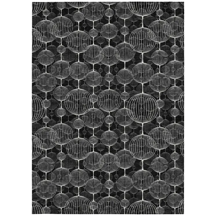 9' X 12' Black Charcoal And Ivory Geometric Washable Indoor Outdoor Area Rug