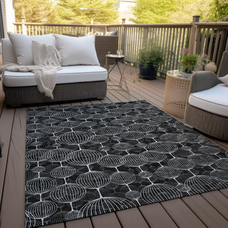 9' X 12' Black Charcoal And Ivory Geometric Washable Indoor Outdoor Area Rug