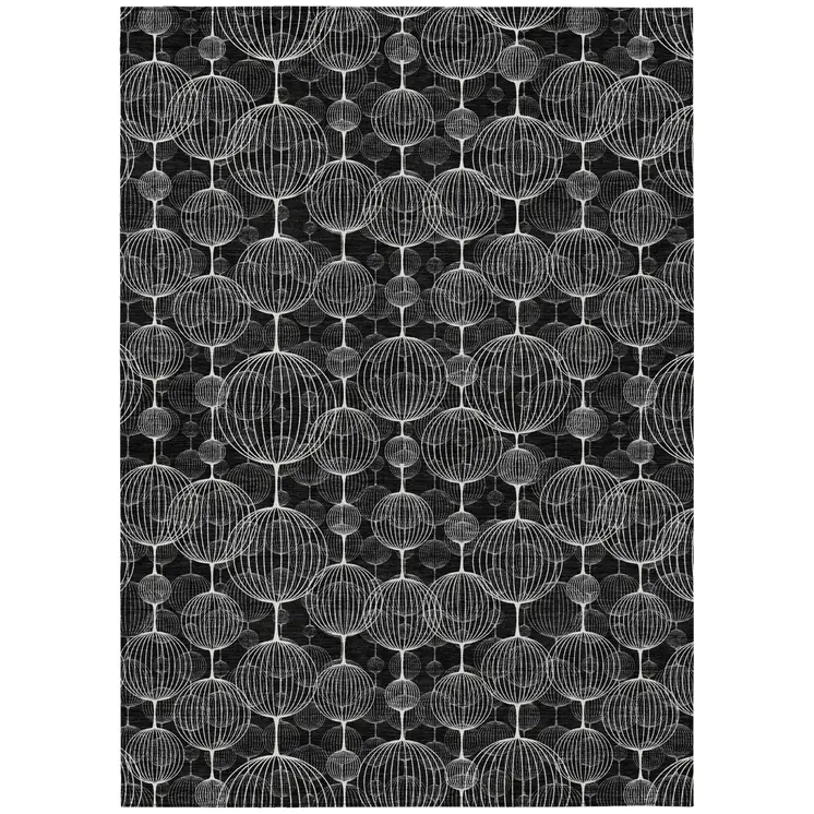 10' X 14' Black Charcoal And Ivory Geometric Washable Indoor Outdoor Area Rug