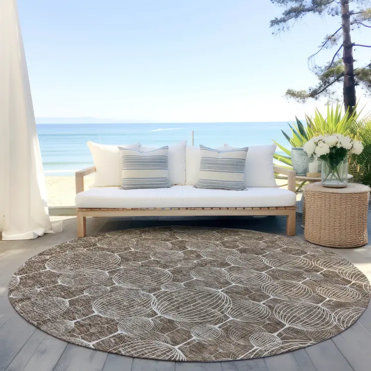 8' Chocolate And Beige Round Geometric Washable Indoor Outdoor Area Rug