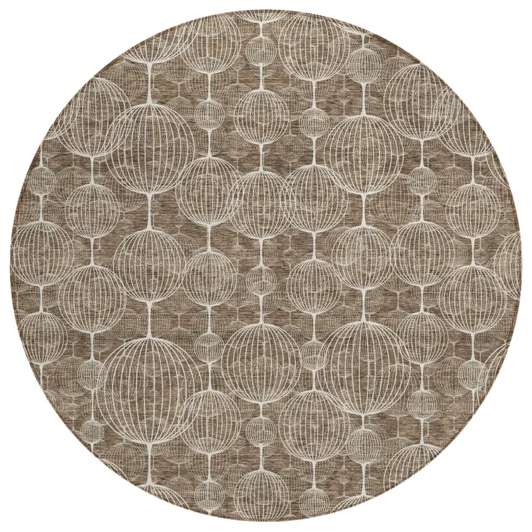 8' Chocolate And Beige Round Geometric Washable Indoor Outdoor Area Rug