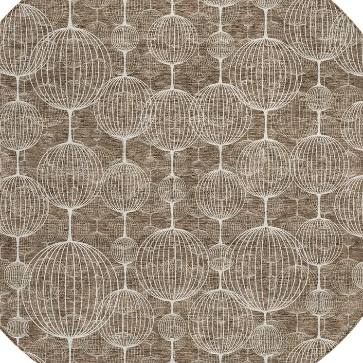 8' Chocolate And Beige Round Geometric Washable Indoor Outdoor Area Rug