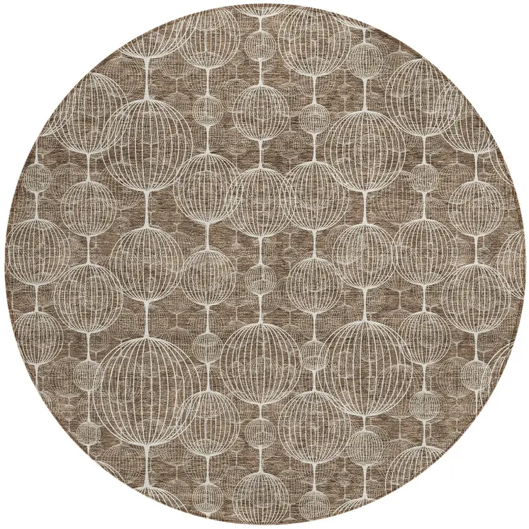 8' Chocolate And Beige Round Geometric Washable Indoor Outdoor Area Rug