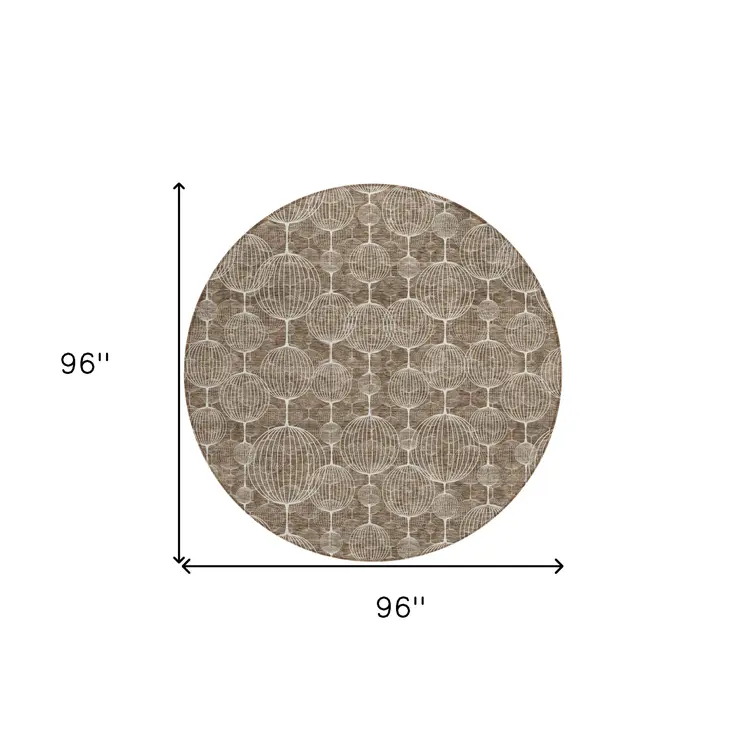 8' Chocolate And Beige Round Geometric Washable Indoor Outdoor Area Rug