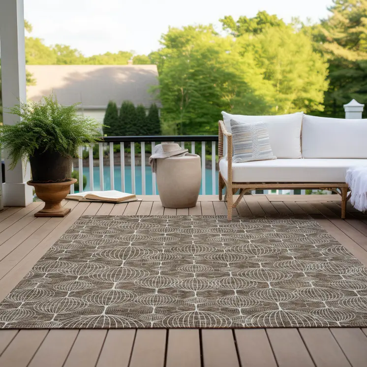 9' X 12' Chocolate And Beige Geometric Washable Indoor Outdoor Area Rug