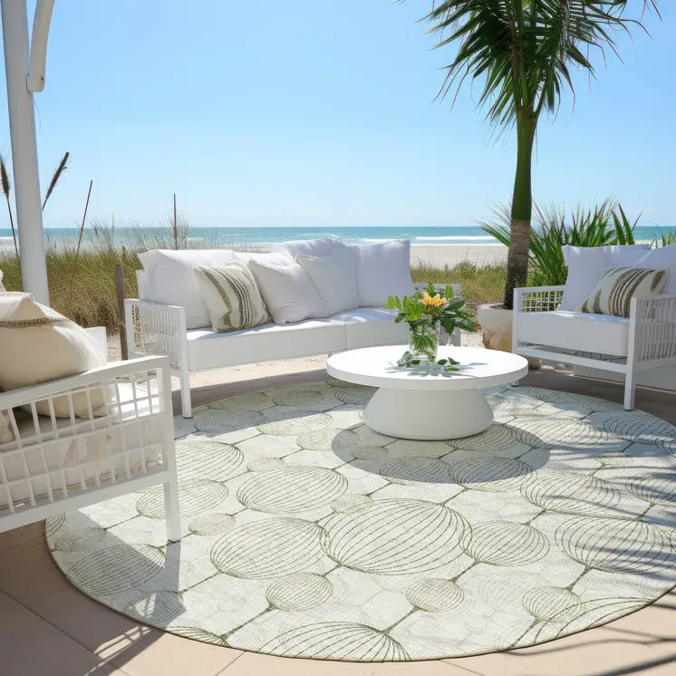 8' Green And Beige Round Geometric Washable Indoor Outdoor Area Rug