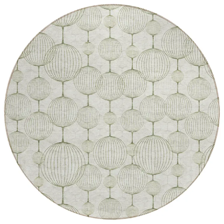 8' Green And Beige Round Geometric Washable Indoor Outdoor Area Rug