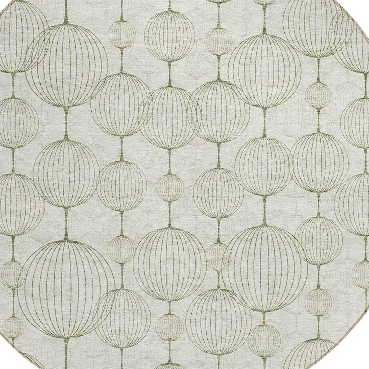 8' Green And Beige Round Geometric Washable Indoor Outdoor Area Rug