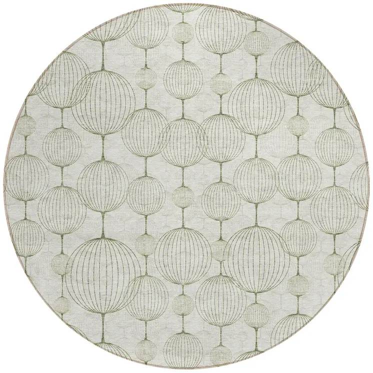 8' Green And Beige Round Geometric Washable Indoor Outdoor Area Rug