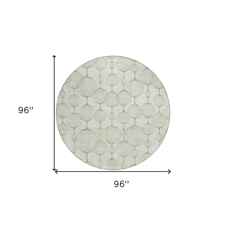 8' Green And Beige Round Geometric Washable Indoor Outdoor Area Rug