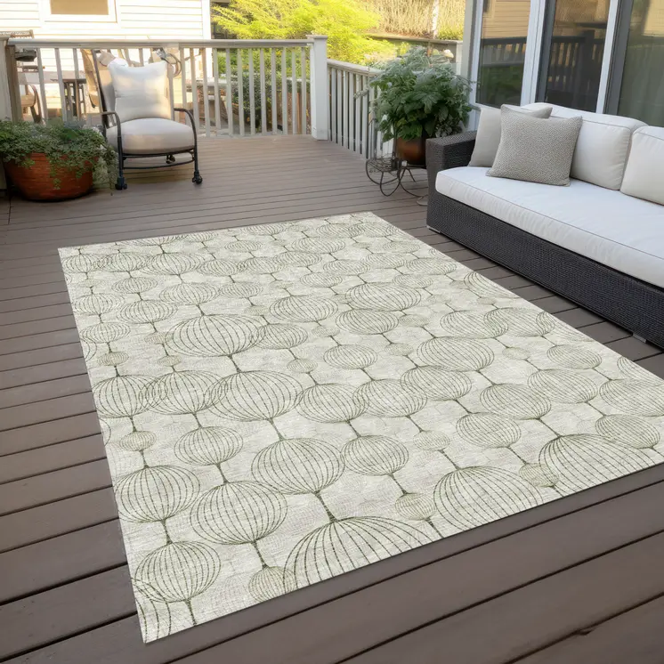 10' X 14' Green And Beige Geometric Washable Indoor Outdoor Area Rug