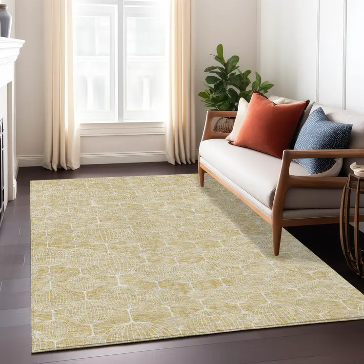 3' X 5' Gold Ivory And Beige Geometric Washable Indoor Outdoor Area Rug