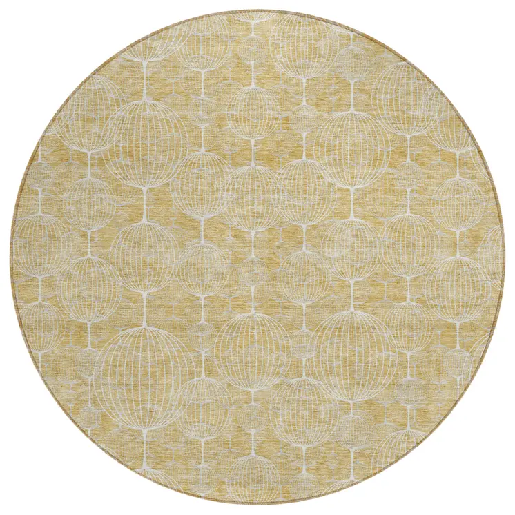 8' Gold Ivory And Beige Round Geometric Washable Indoor Outdoor Area Rug