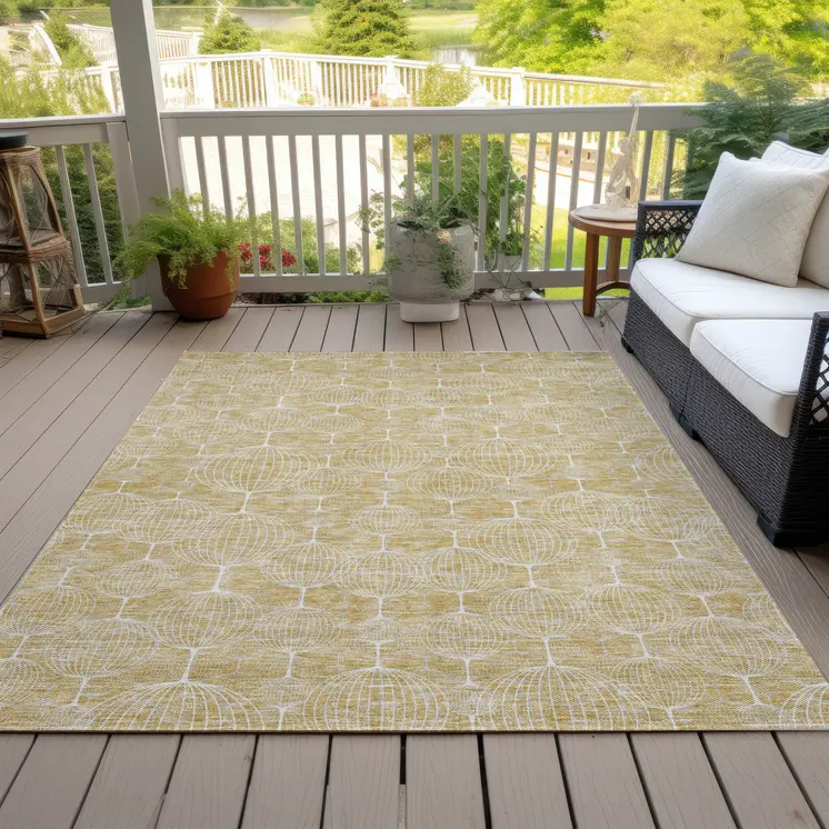 9' X 12' Gold Ivory And Beige Geometric Washable Indoor Outdoor Area Rug