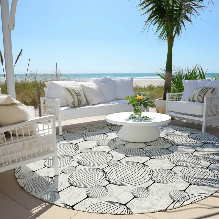 8' Graphite Gray And Silver Round Geometric Washable Indoor Outdoor Area Rug