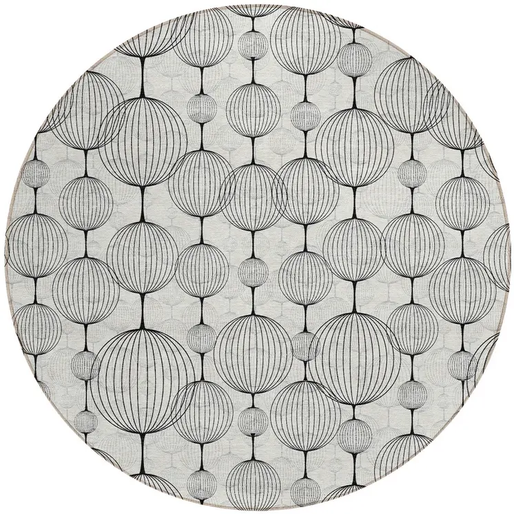 8' Graphite Gray And Silver Round Geometric Washable Indoor Outdoor Area Rug